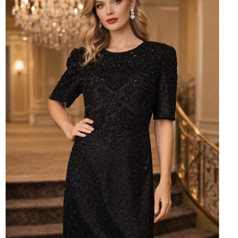Vintage 80s Laurence Kazar Fully Beaded Silk Dress Black Size PL Old Hollywood